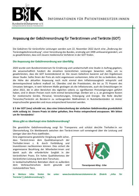 Vorschau: Gebührenordnung für Tierärzte (GOT)