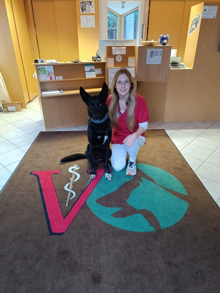 Chantal Ruppel mit einem schwarzen Hund am Empfang der Praxis